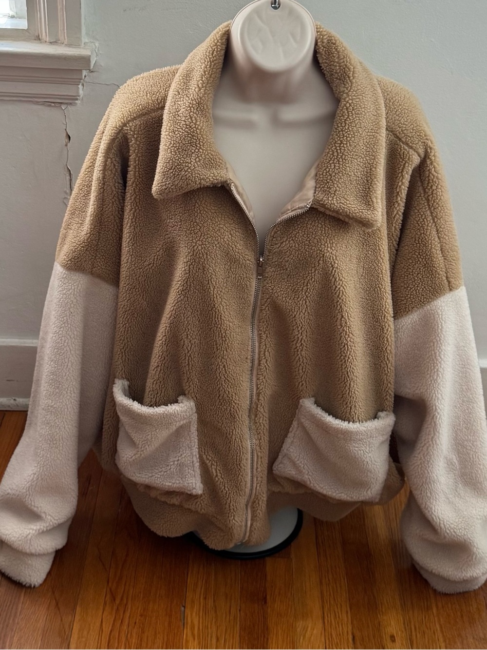 In The Style Beige & Cream Sherpa Teddy colorblock full Zip lined Jacket, 2XL